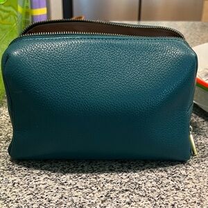 Cuyana Teal Leather Cosmetic Bag
